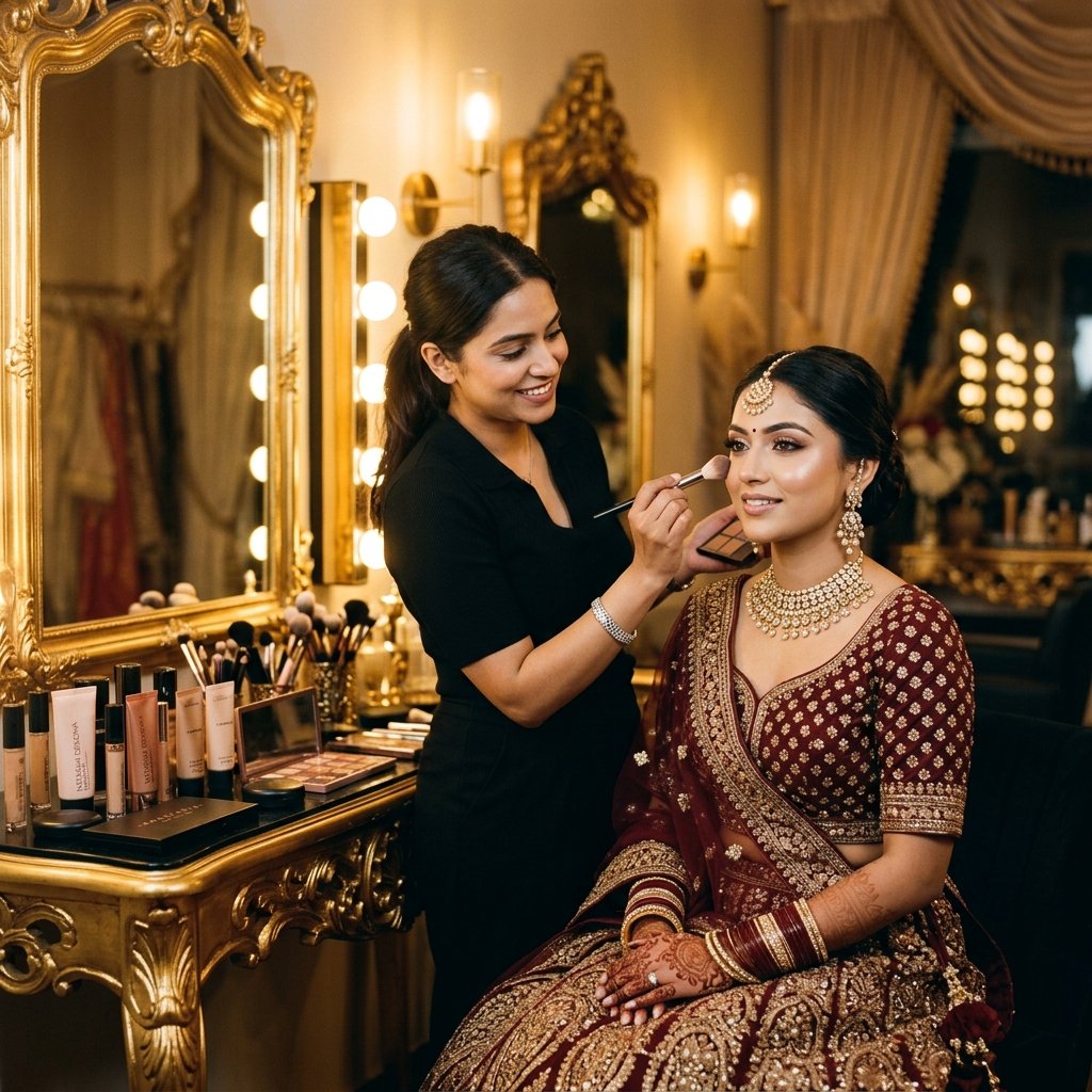 Artist applying finishing touches on a bride at the studio