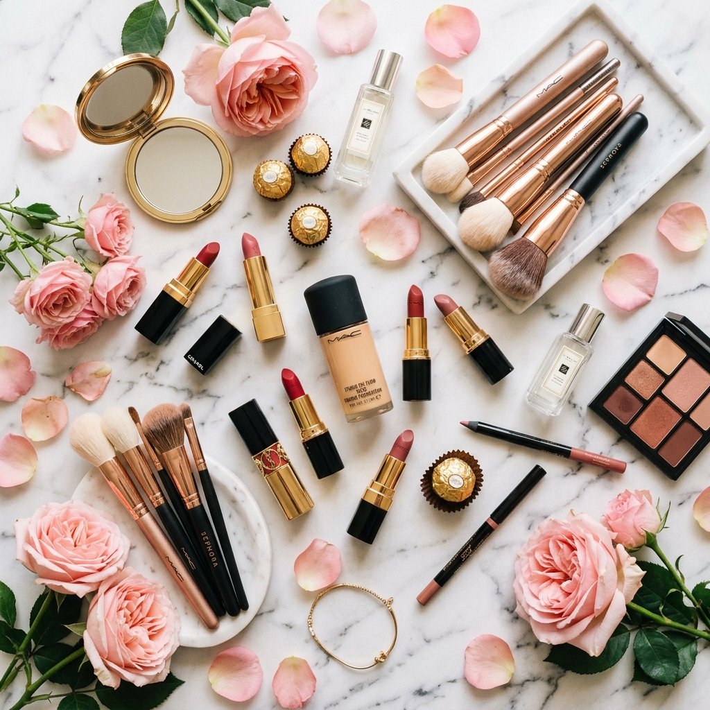 Artistic flat lay of luxury makeup products and brushes