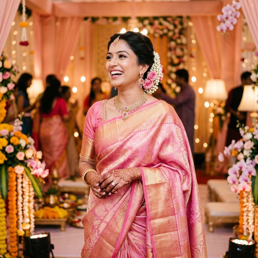 Engagement look with pink saree and floral accessories