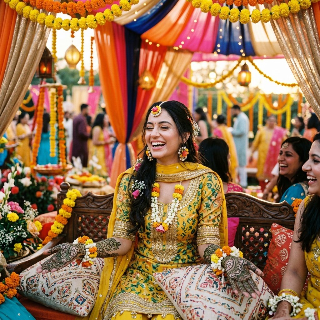 Mehendi ceremony look with flower jewellery