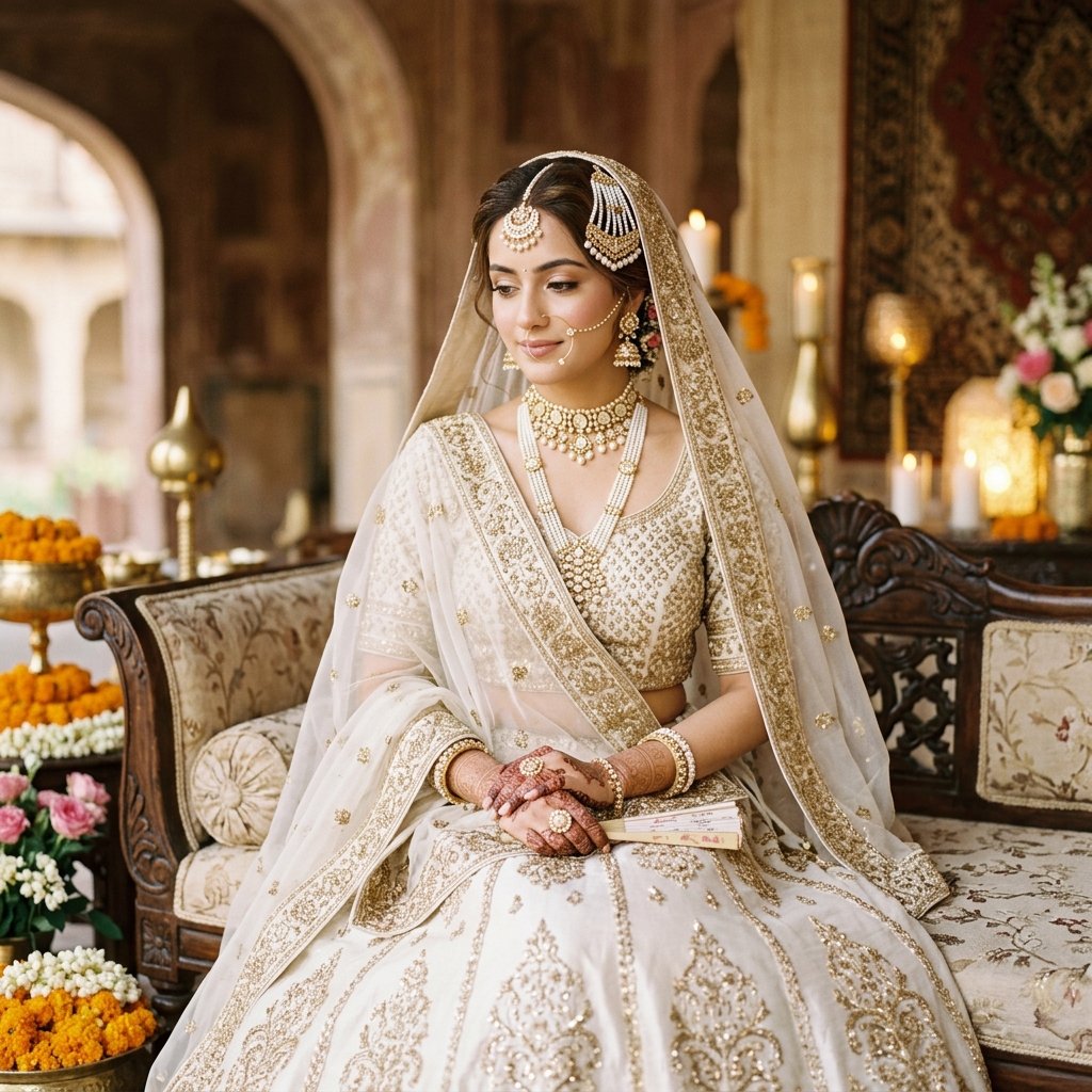Muslim bride in ivory lehenga with pearl jewellery