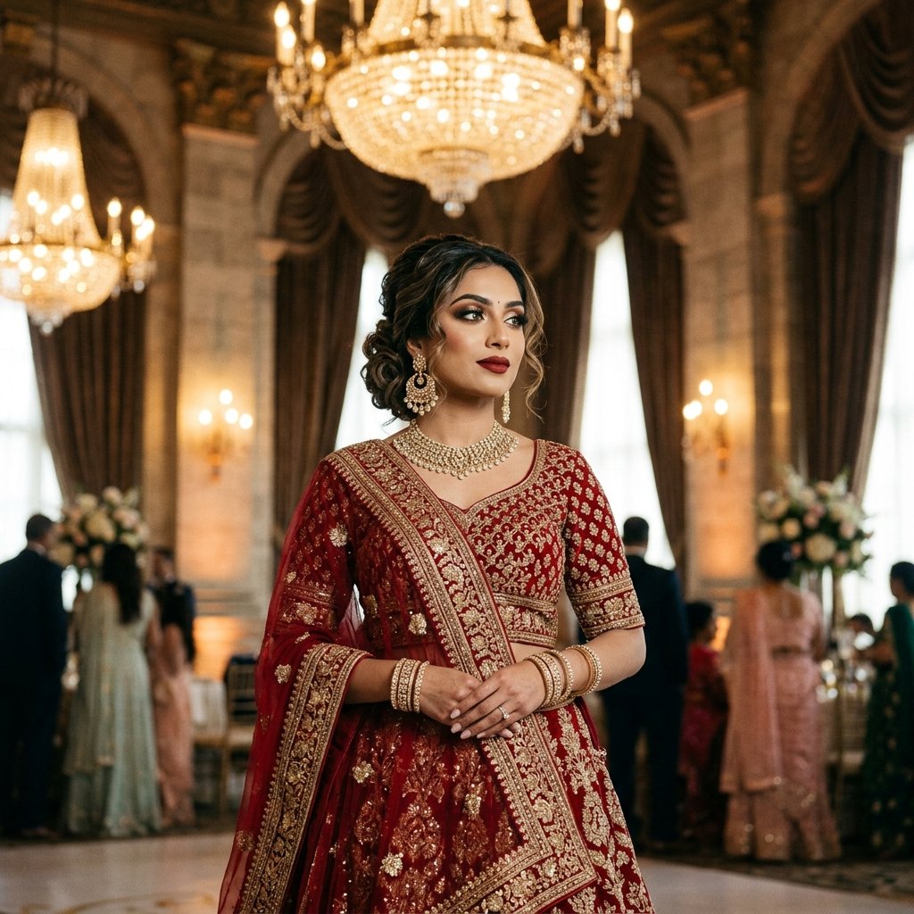 Reception look with heavy lehenga and dramatic makeup