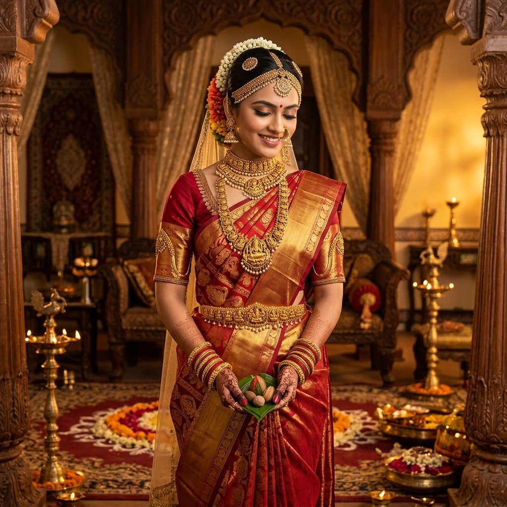 Telugu Hindu bride in red silk with gold jewellery