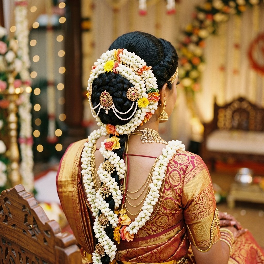Elegant bridal hair styling with jasmine flowers