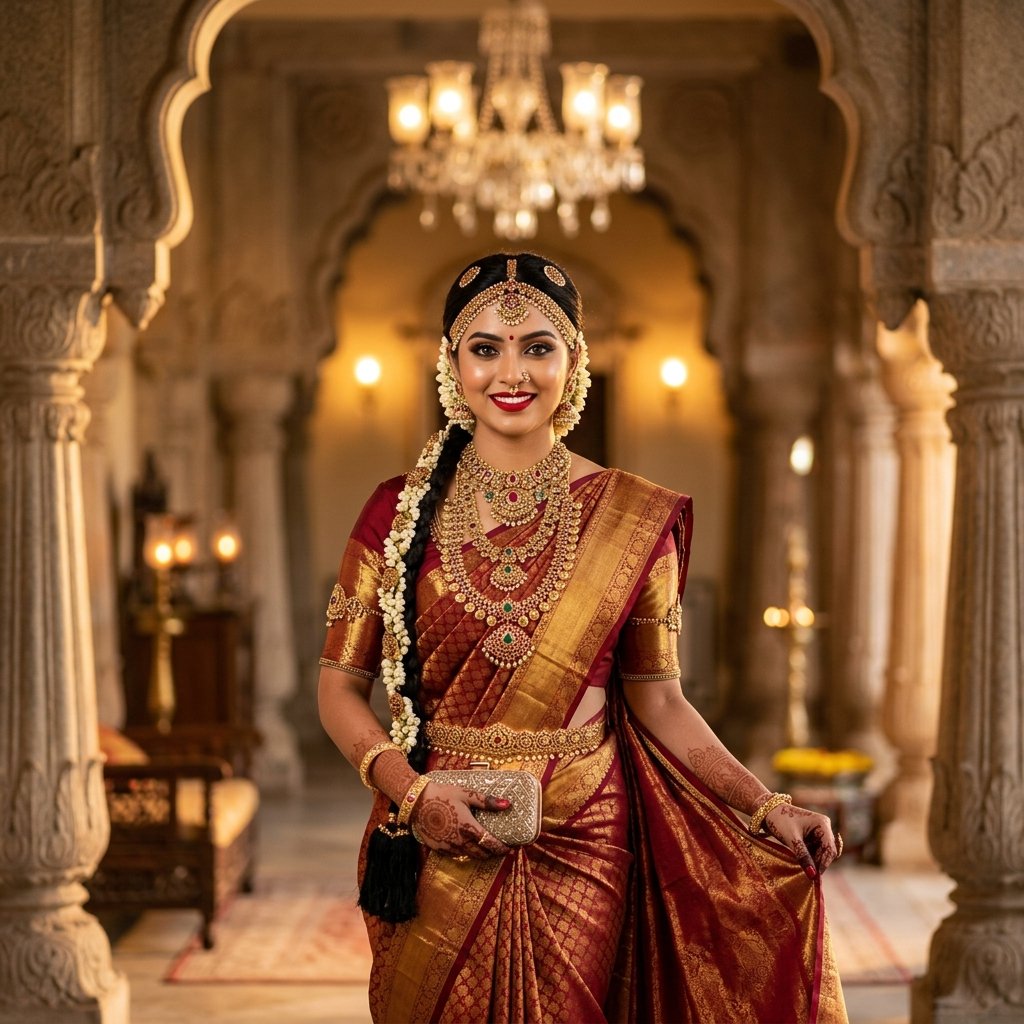 Stunning South Indian bride with gold Kanjivaram silk saree and temple jewellery