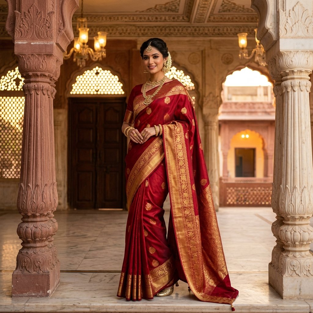 Expertly draped Kanjivaram silk saree